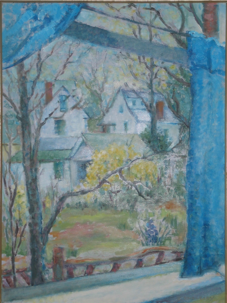 Blue Curtains, Esther Hepler Inglesby, oil on board. 
